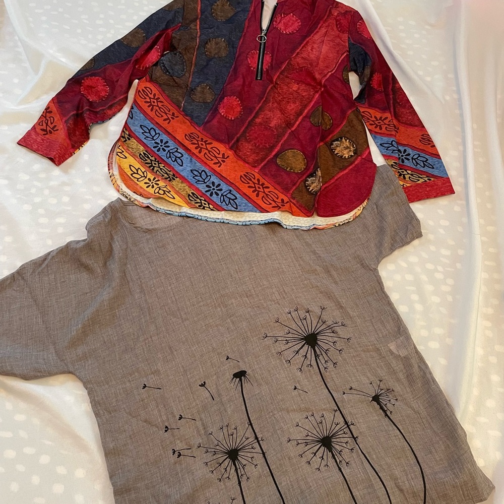 Patchwork Shirt w/Zipper & Gray Semi-Sheer w/Dandelion Print,‎ NWT, Size Large